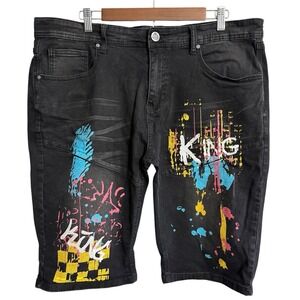 Encrypted graffiti shorts men's 36 dark wash black denim streetwear hip hop King